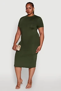 Womens Plus Size Daisy T Shirt Dress with Mock Neck and Short Sleeves, Green, Size 1X