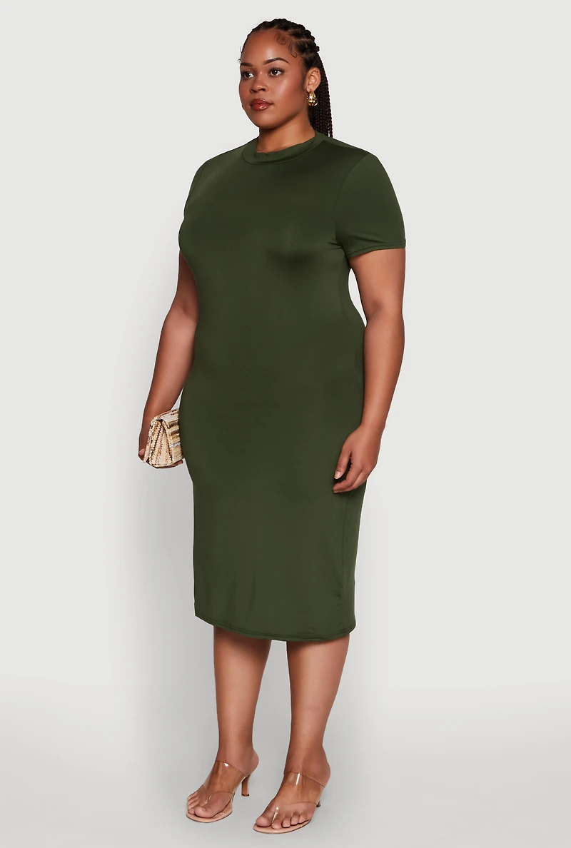 Womens Plus Daisy T Shirt Dress with Mock Neck and Short Sleeves,