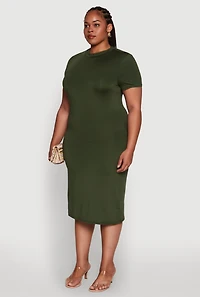 Womens Plus Size Daisy T Shirt Dress with Mock Neck and Short Sleeves, Green, Size 3X