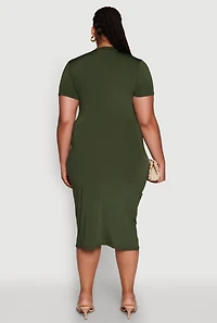 Womens Plus Size Daisy T Shirt Dress with Mock Neck and Short Sleeves, Green, Size 1X