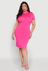 Womens Plus Size Daisy T Shirt Dress with Mock Neck and Short Sleeves, Pink, Size 2X
