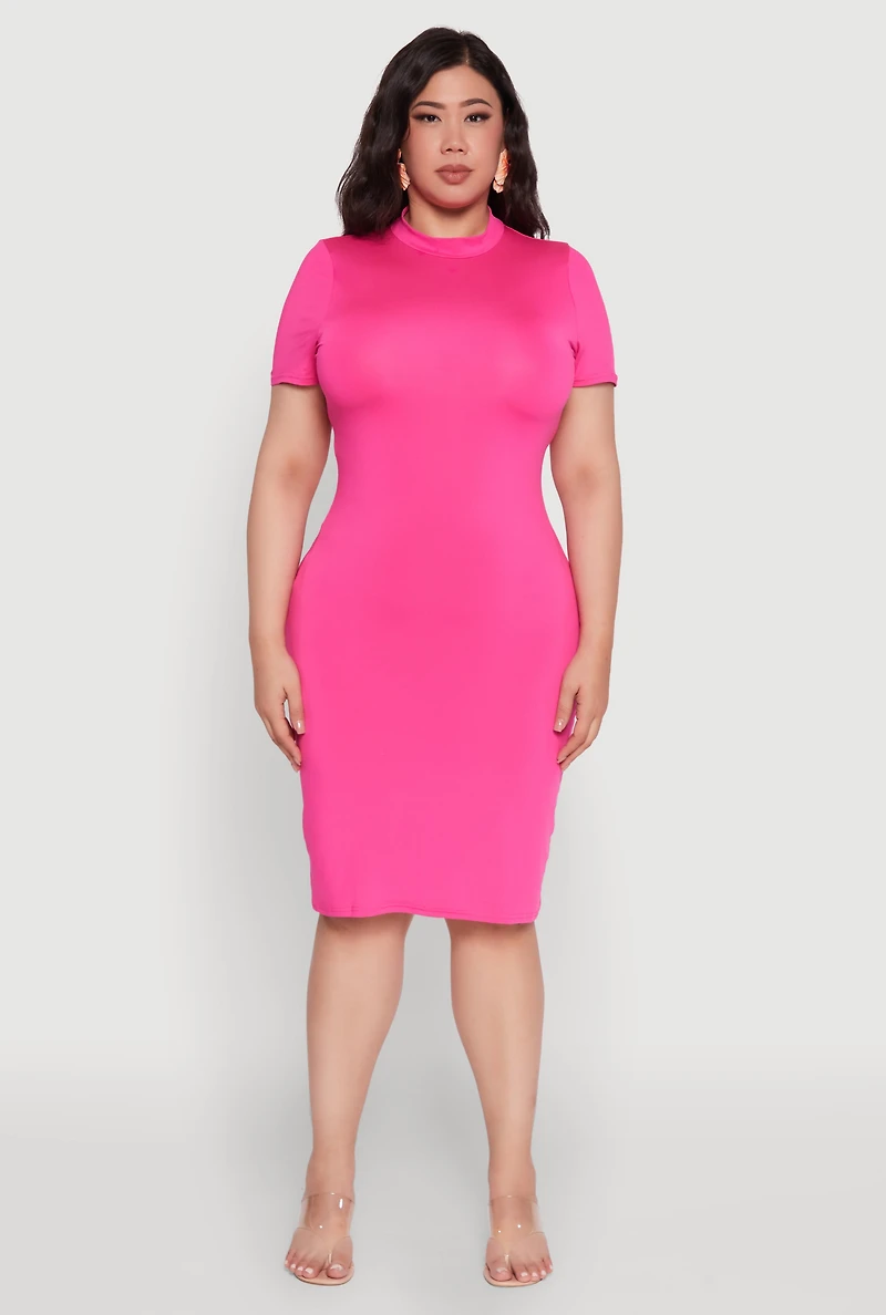 Womens Plus Size Daisy T Shirt Dress with Mock Neck and Short Sleeves, Pink, Size 2X