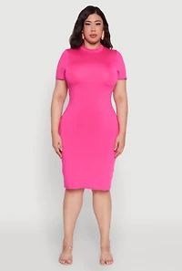 Womens Plus Size Daisy T Shirt Dress with Mock Neck and Short Sleeves, Pink, Size 2X