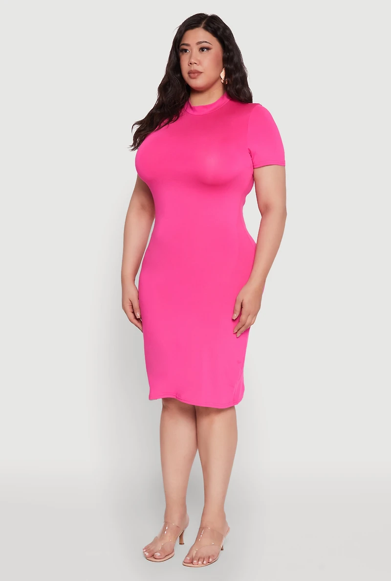 Womens Plus Size Daisy T Shirt Dress with Mock Neck and Short Sleeves, Pink, Size 2X