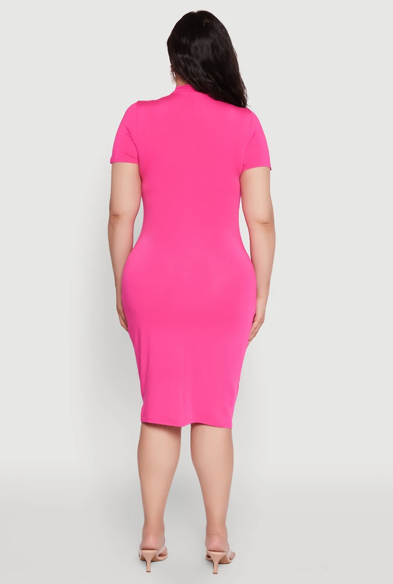 Womens Plus Size Daisy T Shirt Dress with Mock Neck and Short Sleeves, Pink, Size 2X