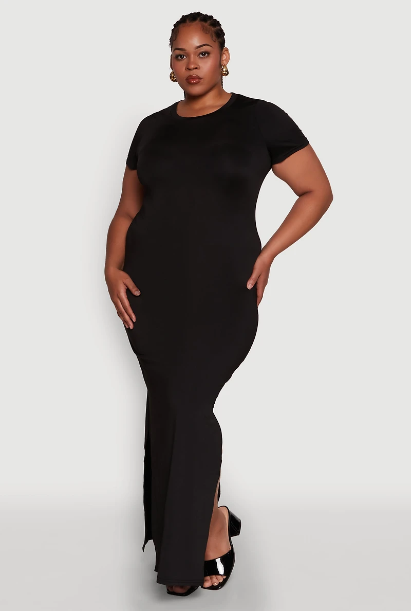 Womens Plus Size Daisy Crew Neck Side Slit T-Shirt Dress, Black, Size 1X