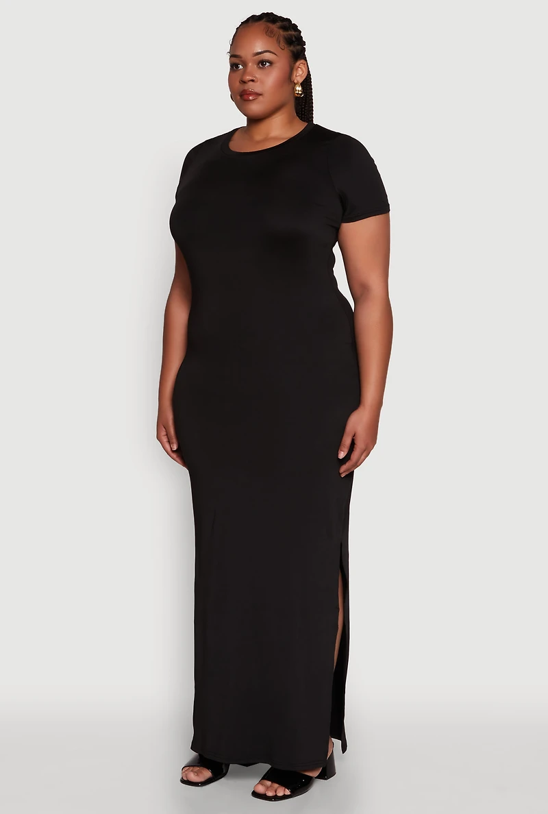 Womens Plus Size Daisy Crew Neck Side Slit T-Shirt Dress, Black, Size 1X