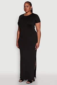 Womens Plus Size Daisy Crew Neck Side Slit T-Shirt Dress, Black, Size 1X