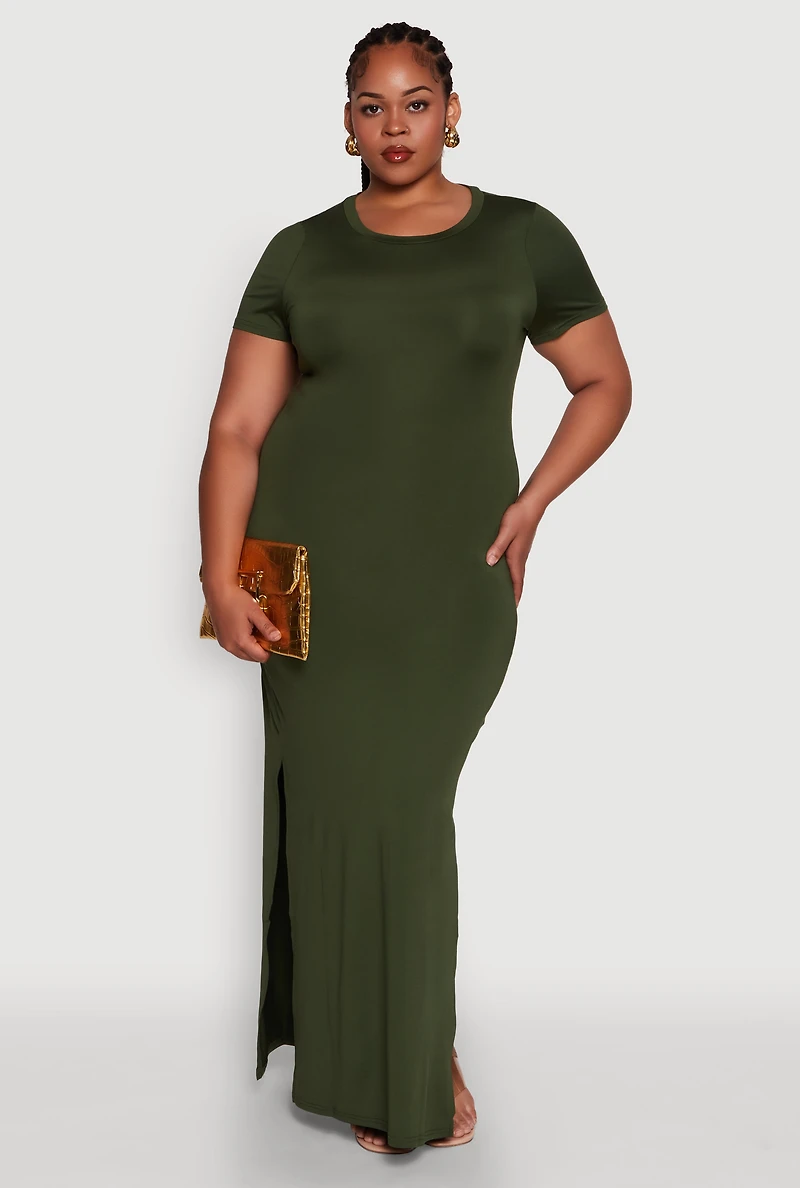 Womens Plus Daisy Crew Neck Side Slit T-Shirt Dress, Green,