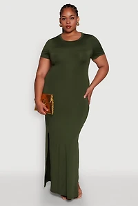 Womens Plus Daisy Crew Neck Side Slit T-Shirt Dress, Green,
