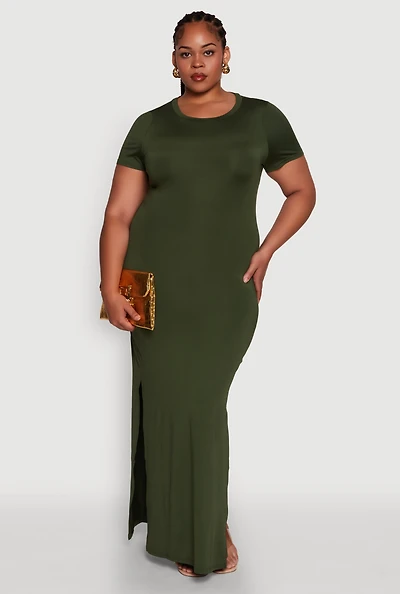 Womens Plus Size Daisy Crew Neck Side Slit T-Shirt Dress, Green, Size 2X