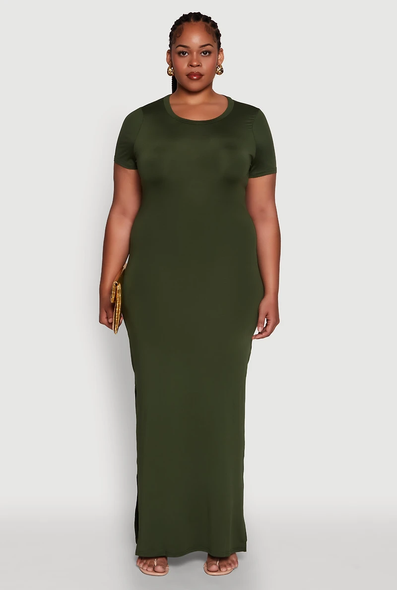 Womens Plus Size Daisy Crew Neck Side Slit T-Shirt Dress, Green, Size 2X