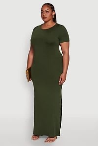 Womens Plus Daisy Crew Neck Side Slit T-Shirt Dress, Green,
