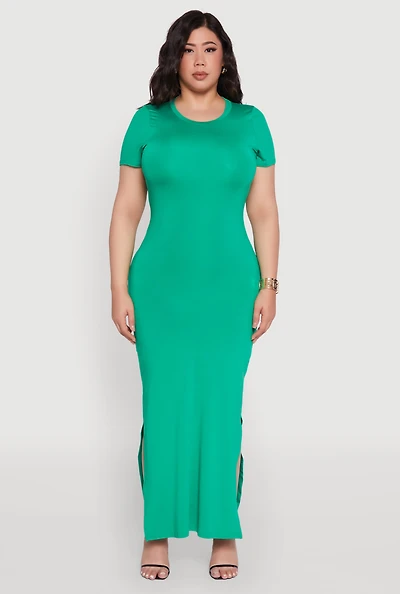 Womens Plus Size Daisy Crew Neck Side Slit T-Shirt Dress, Green, Size 2X