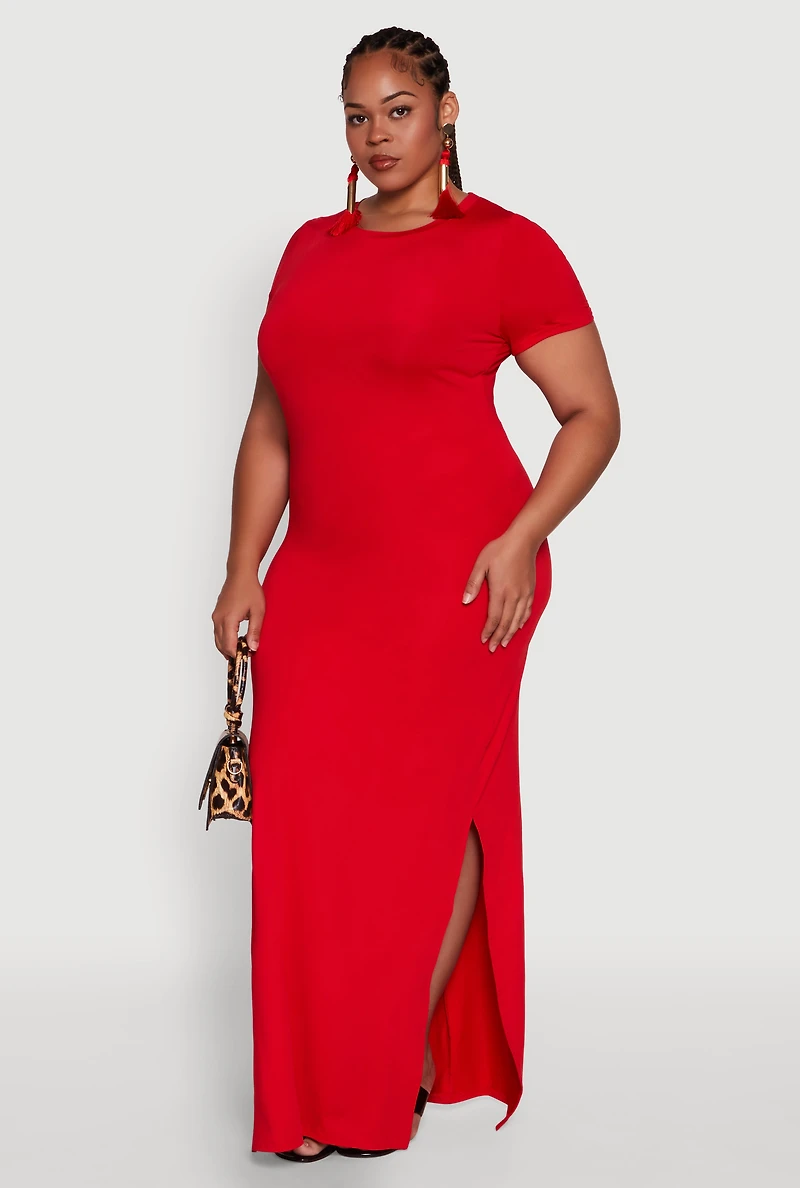 Plus Daisy Crew Neck Side Slit T-Shirt Dress