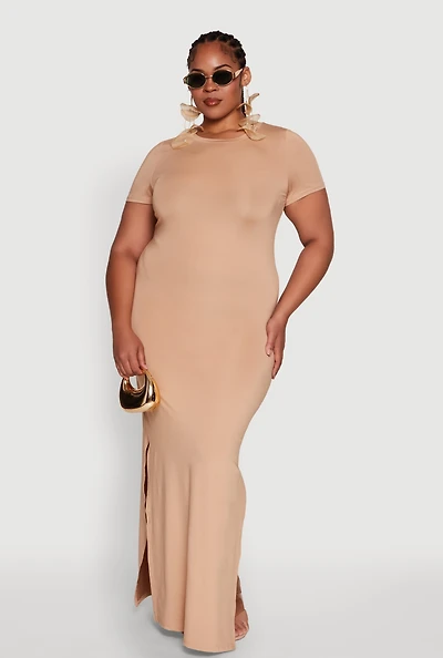 Womens Plus Size Daisy Crew Neck Side Slit T-Shirt Dress, Beige, Size 3X