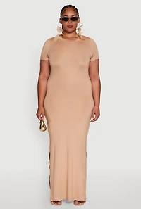 Womens Plus Size Daisy Crew Neck Side Slit T-Shirt Dress, Beige, Size 2X