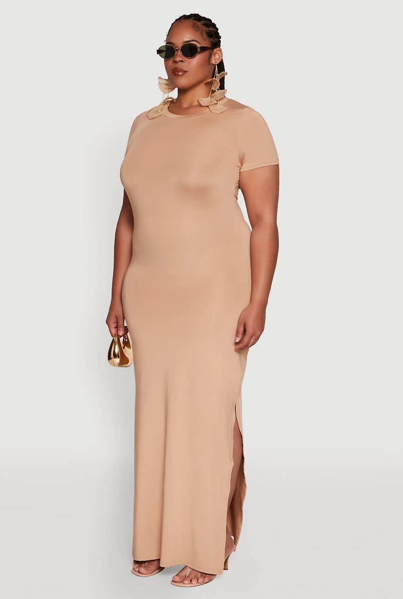 Womens Plus Size Daisy Crew Neck Side Slit T-Shirt Dress, Beige, Size 2X