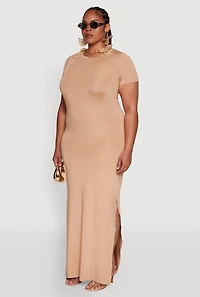 Womens Plus Size Daisy Crew Neck Side Slit T-Shirt Dress, Beige, Size 2X