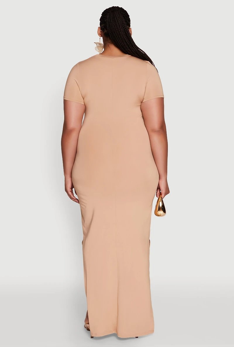 Womens Plus Size Daisy Crew Neck Side Slit T-Shirt Dress, Beige, Size 2X
