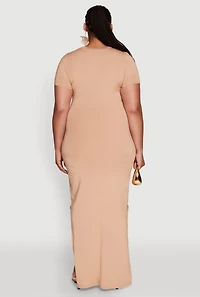 Womens Plus Size Daisy Crew Neck Side Slit T-Shirt Dress, Beige, Size 2X