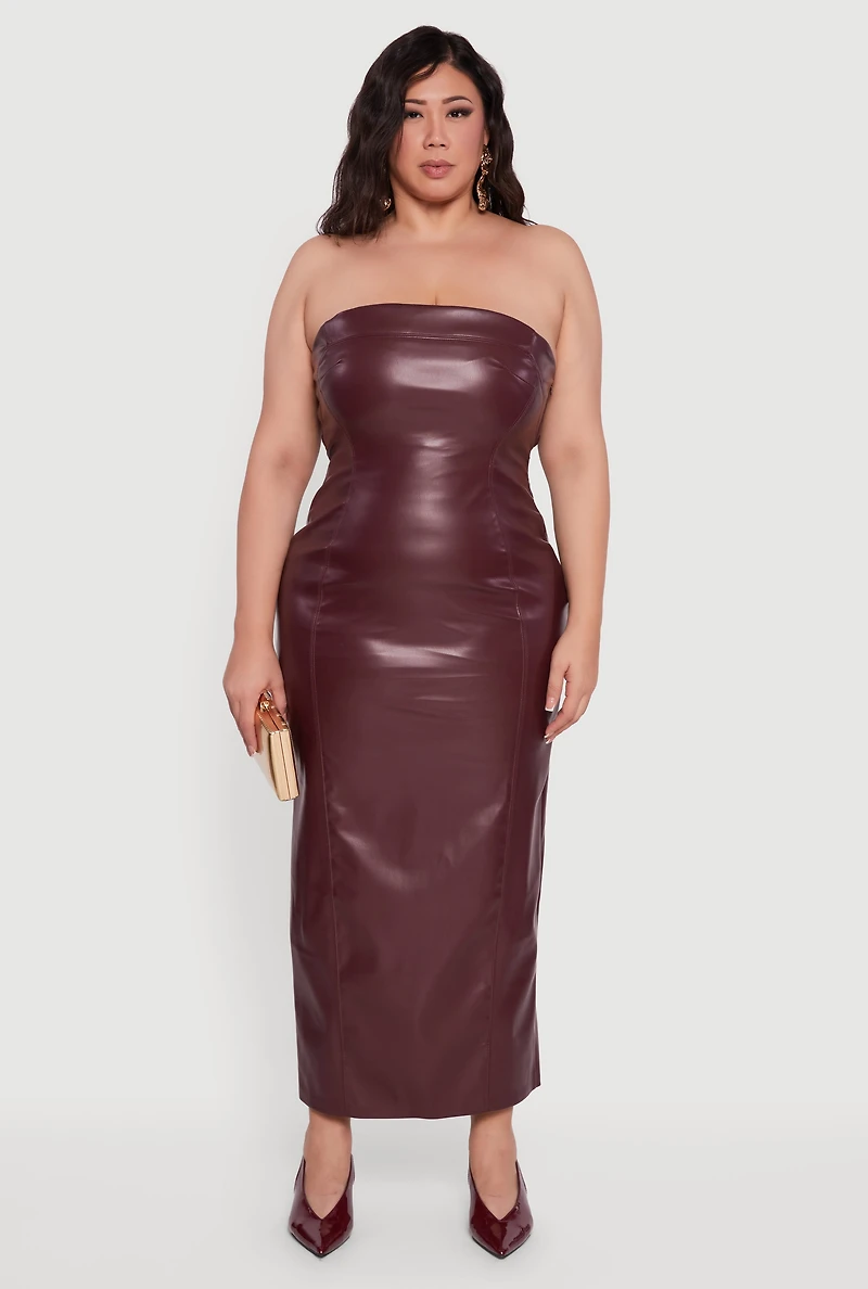 Womens Plus Size Strapless Faux Leather Maxi Dress, Burgundy, Size 1X