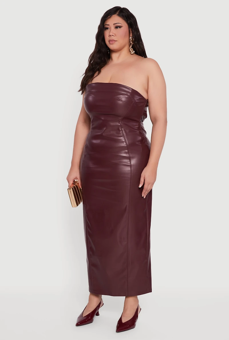 Womens Plus Size Strapless Faux Leather Maxi Dress, Burgundy, Size 1X