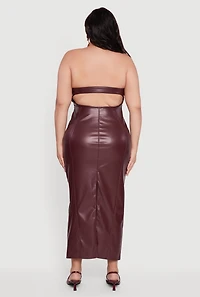 Womens Plus Size Strapless Faux Leather Maxi Dress, Burgundy, Size 1X