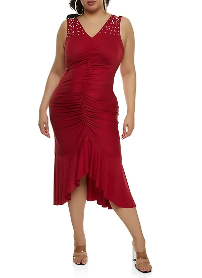 Plus Faux Pearl Detail Ruched Front Mermaid Hem Dress