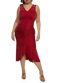 Plus Faux Pearl Detail Ruched Front Mermaid Hem Dress