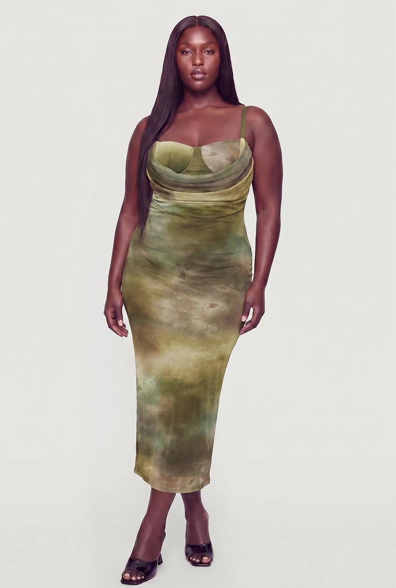 Plus Patterned Mesh Keyhole Back Cowl Neck Bustier Dress