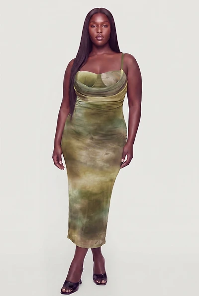 Plus Patterned Mesh Keyhole Back Cowl Neck Bustier Dress