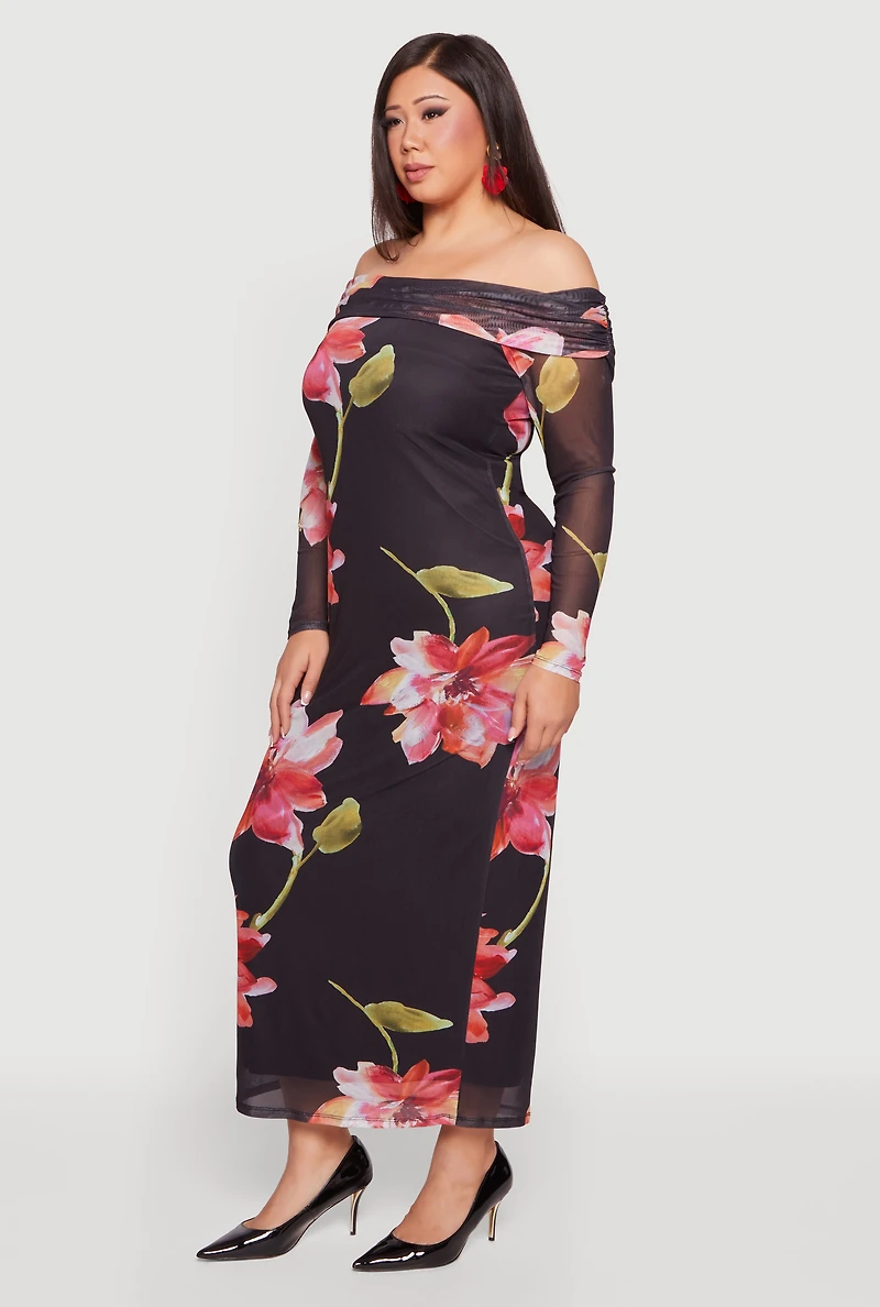 Plus Floral Long Sleeve Mesh Off The Shoulder Dress