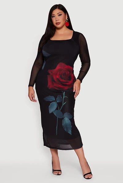 Womens Plus Almost Famous Mesh Rose Print Maxi Dress, 1X