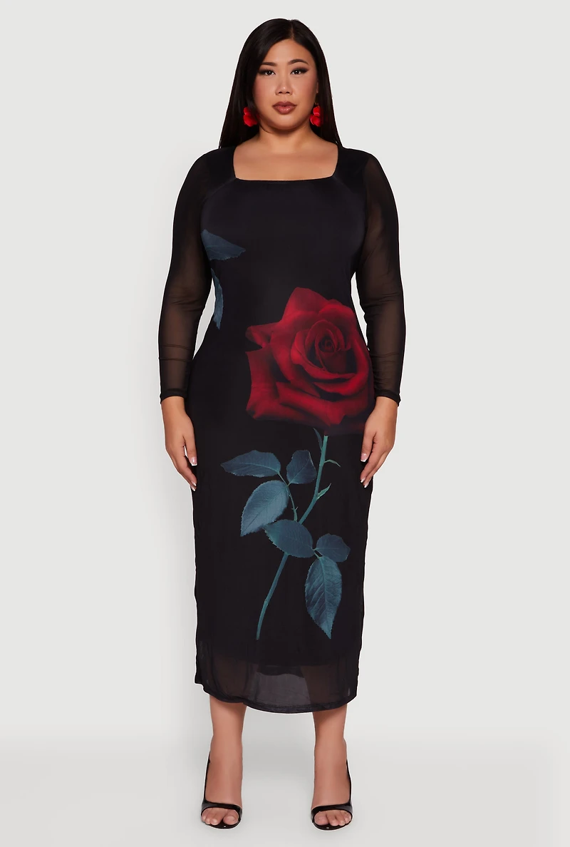 Womens Plus Almost Famous Mesh Rose Print Maxi Dress, 1X