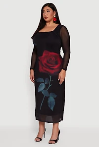 Womens Plus Almost Famous Mesh Rose Print Maxi Dress, 1X