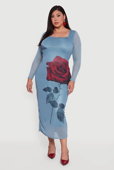 Womens Plus Size Almost Famous Mesh Rose Print Maxi Dress, Blue, Size 3X