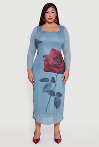 Womens Plus Size Almost Famous Mesh Rose Print Maxi Dress, Blue, Size 3X