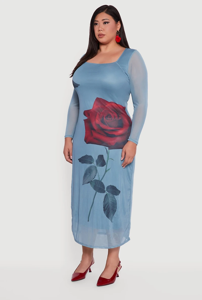 Womens Plus Size Almost Famous Mesh Rose Print Maxi Dress, Blue, Size 3X