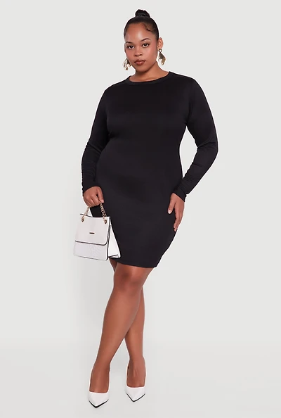 Womens Plus Size Ribbed Knit Long Sleeve Bodycon Dress, Black, Size 2X