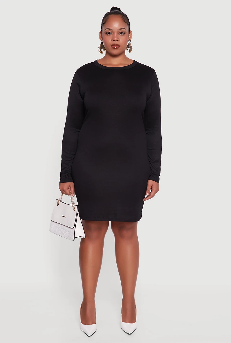 Womens Plus Ribbed Knit Long Sleeve Bodycon Dress, Black,