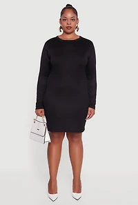 Womens Plus Ribbed Knit Long Sleeve Bodycon Dress, Black,