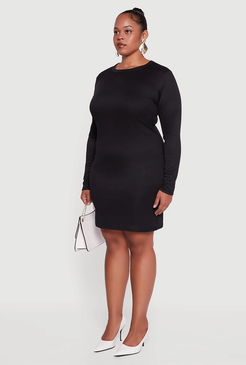 Womens Plus Ribbed Knit Long Sleeve Bodycon Dress, Black,