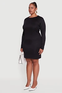 Womens Plus Ribbed Knit Long Sleeve Bodycon Dress, Black,