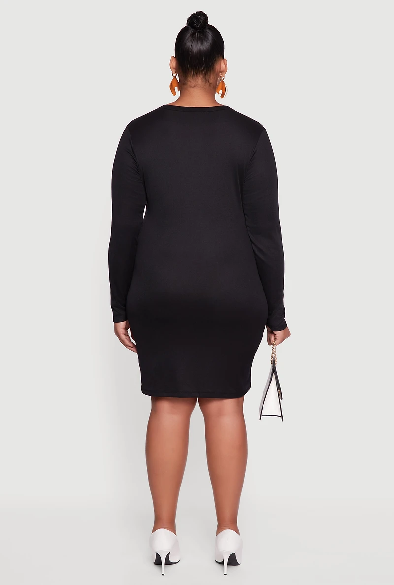 Womens Plus Ribbed Knit Long Sleeve Bodycon Dress, Black,