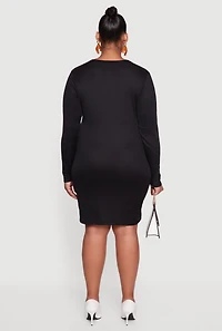 Womens Plus Ribbed Knit Long Sleeve Bodycon Dress, Black,