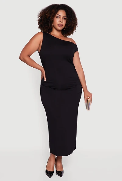 Womens Plus Size Elegant Ruched One Shoulder Dress, Black, Size 3X