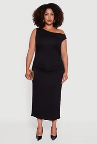 Womens Plus Size Elegant Ruched One Shoulder Dress, Black, Size 3X