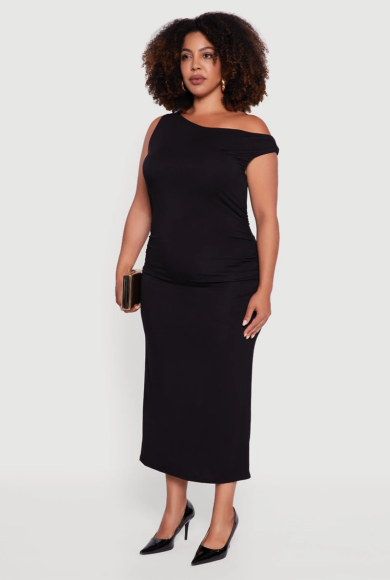 Womens Plus Size Elegant Ruched One Shoulder Dress, Black, Size 3X