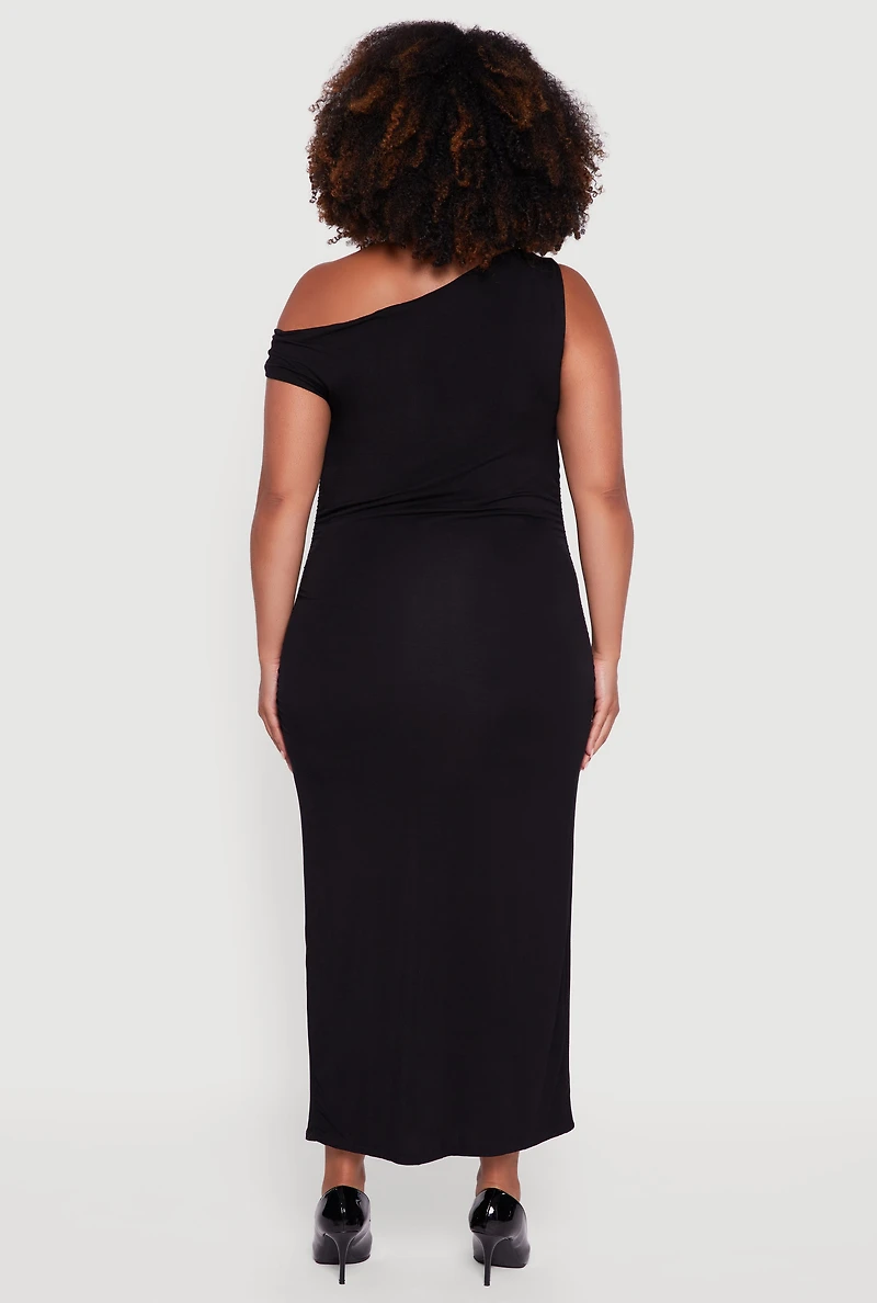 Womens Plus Size Elegant Ruched One Shoulder Dress, Black, Size 3X